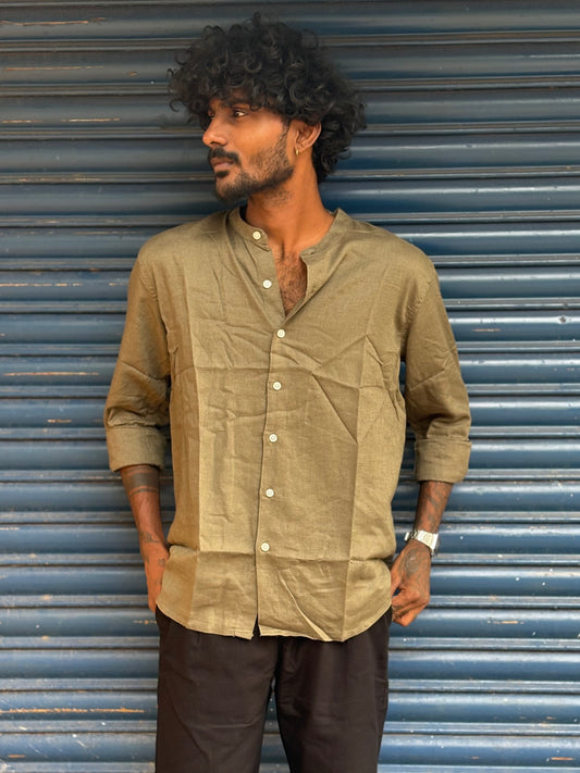 Olive Green Linen Mandarin Collar Shirt