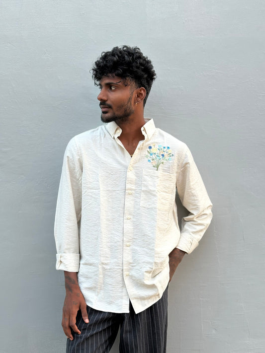 Off White Linen Blended Embroidery Shirt