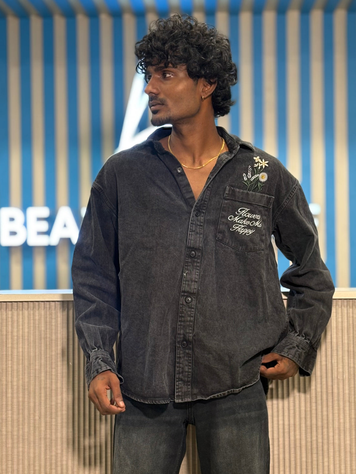 Black Denim Embroidery Shirt