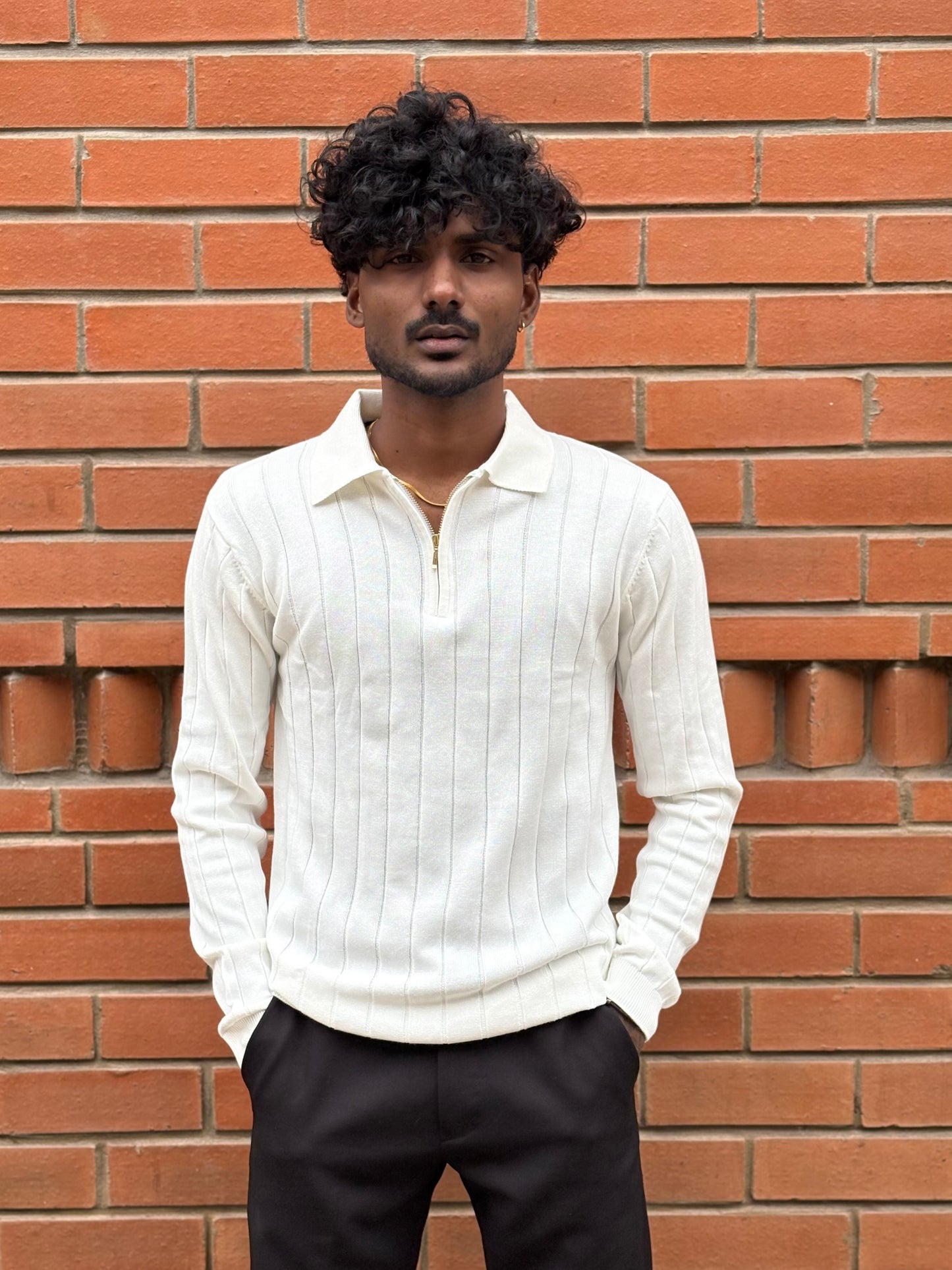 White Zipper Polo Full Sleeve Tshirt