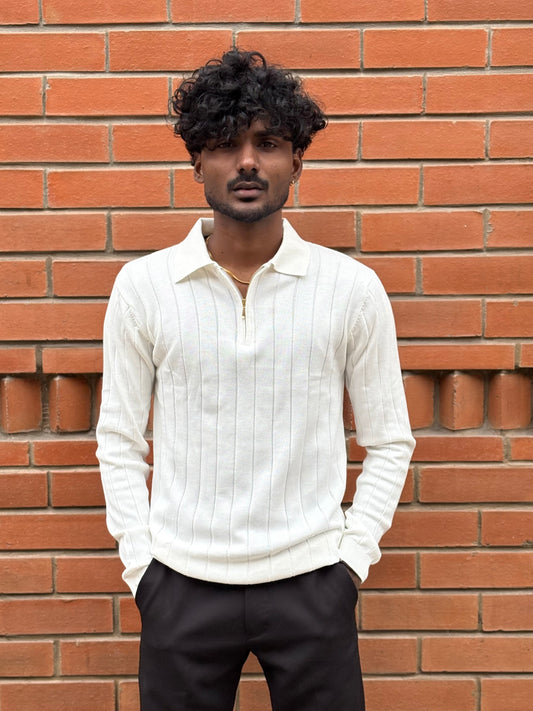 White Zipper Polo Full Sleeve Tshirt