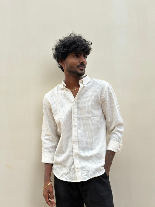 White And Beige Checked Linen Shirt