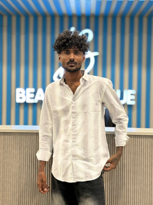 White And Pink Linen Striped Shirt