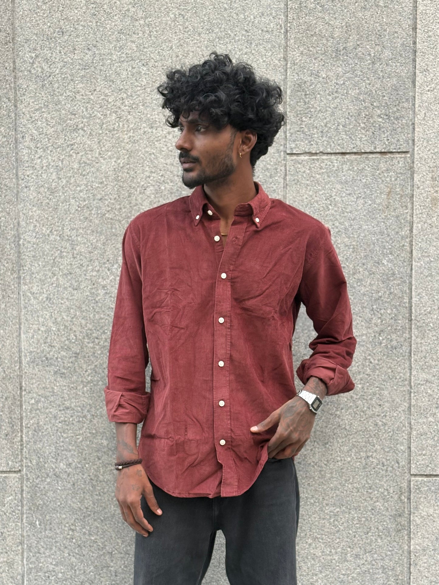 Creased Red Corduroy Shirt