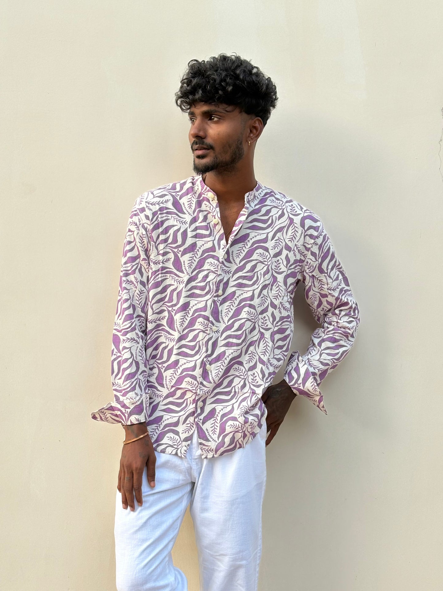 Purple Linen Mandarin Collar Shirt