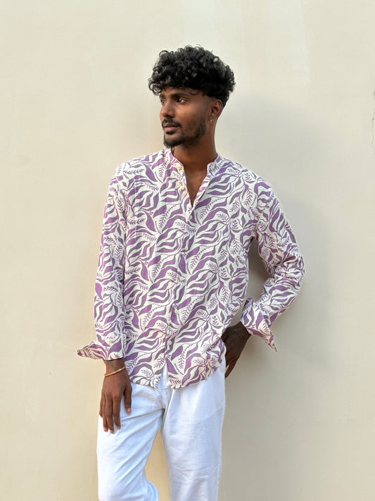 Purple Linen Mandarin Collar Shirt