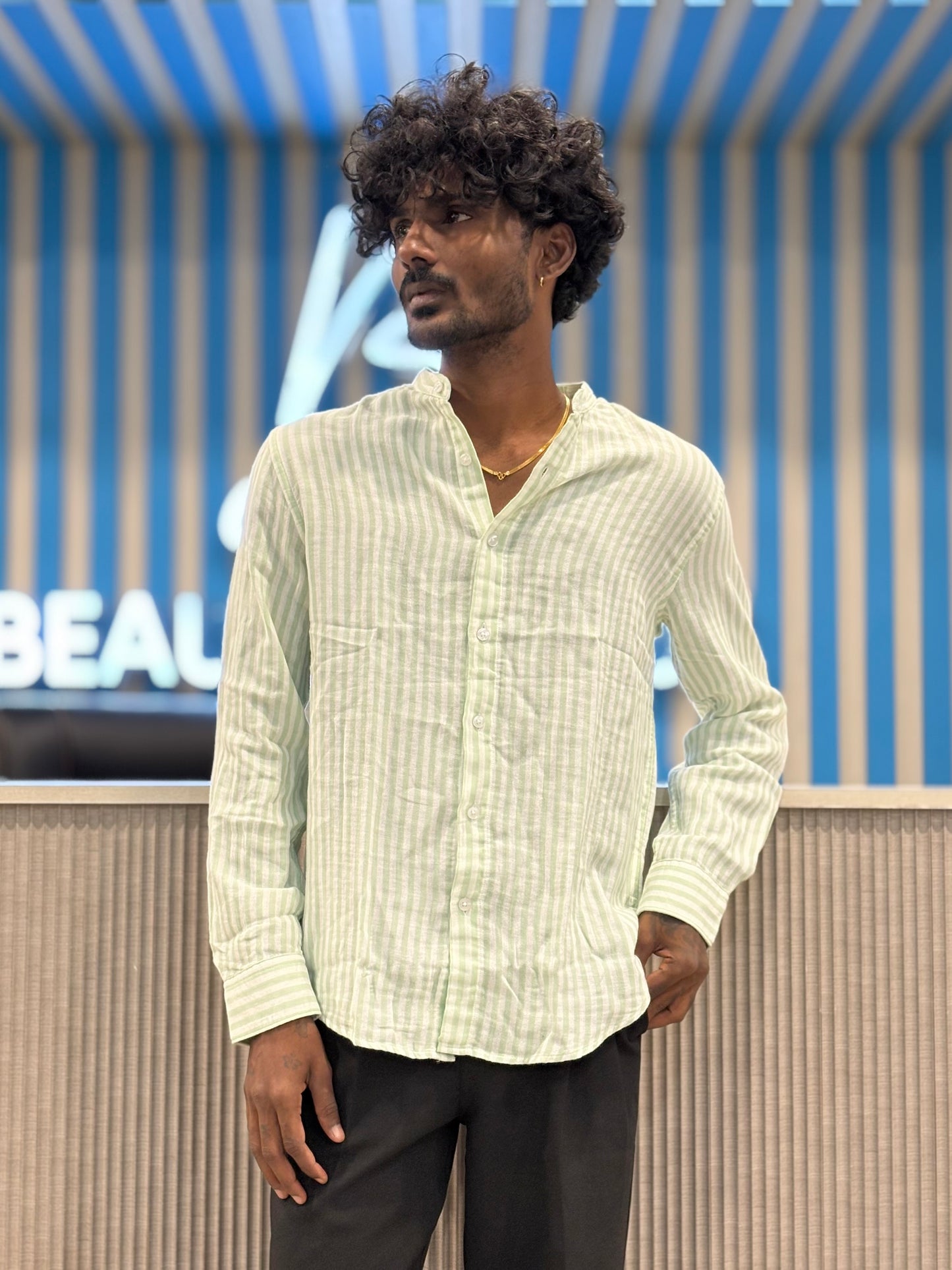 Green Linen Striped Mandarin Collar Shirt