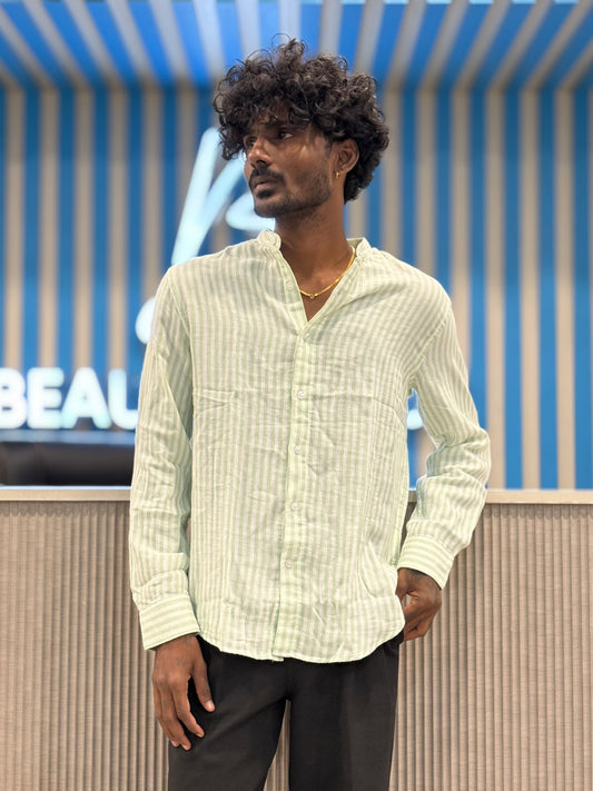 Green Linen Striped Mandarin Collar Shirt