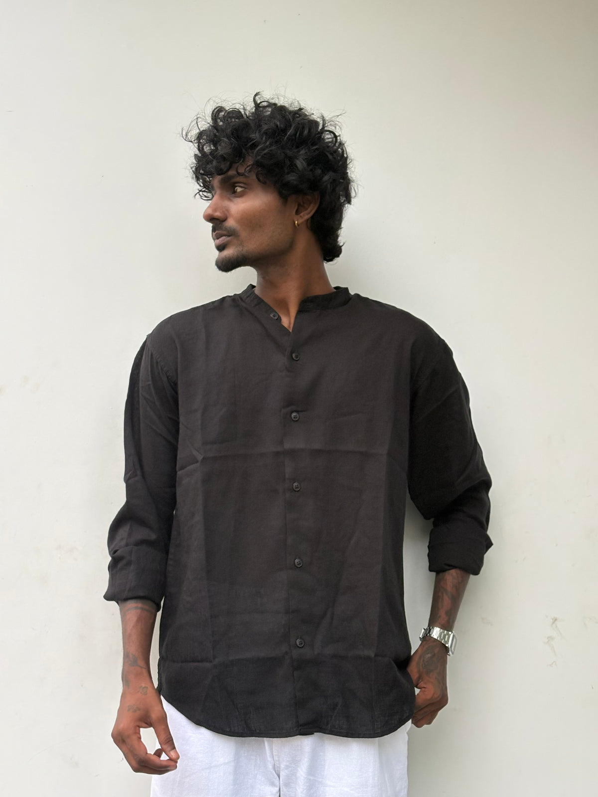 Black Linen Mandarin Collar Shirt