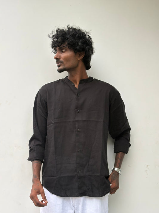 Black Linen Mandarin Collar Shirt