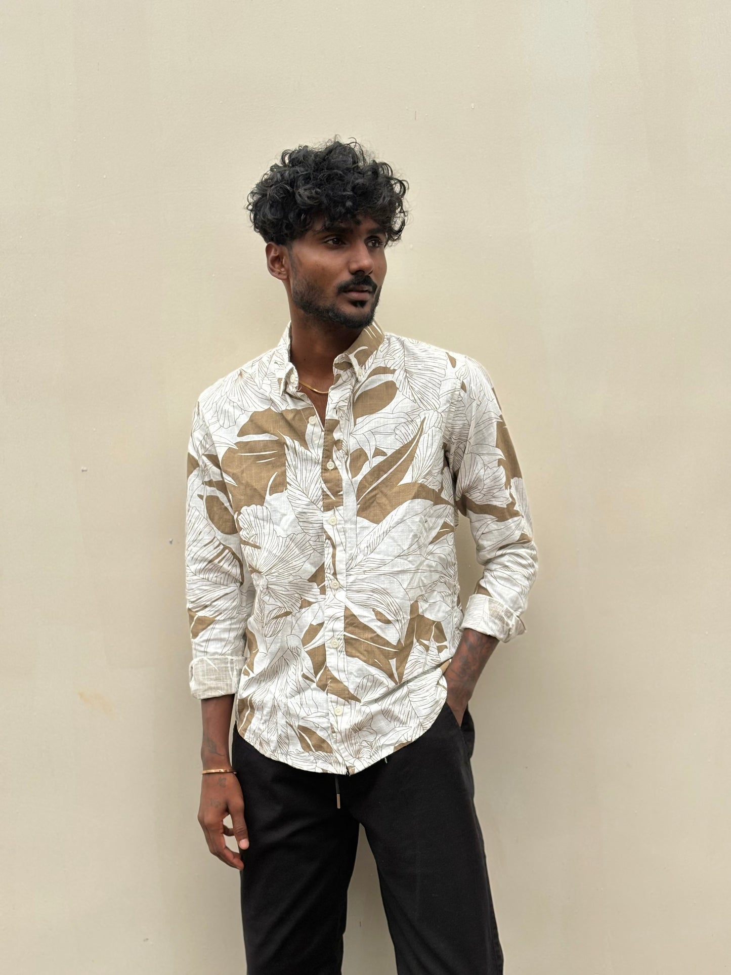 White And Brown Linen Printed Shirt