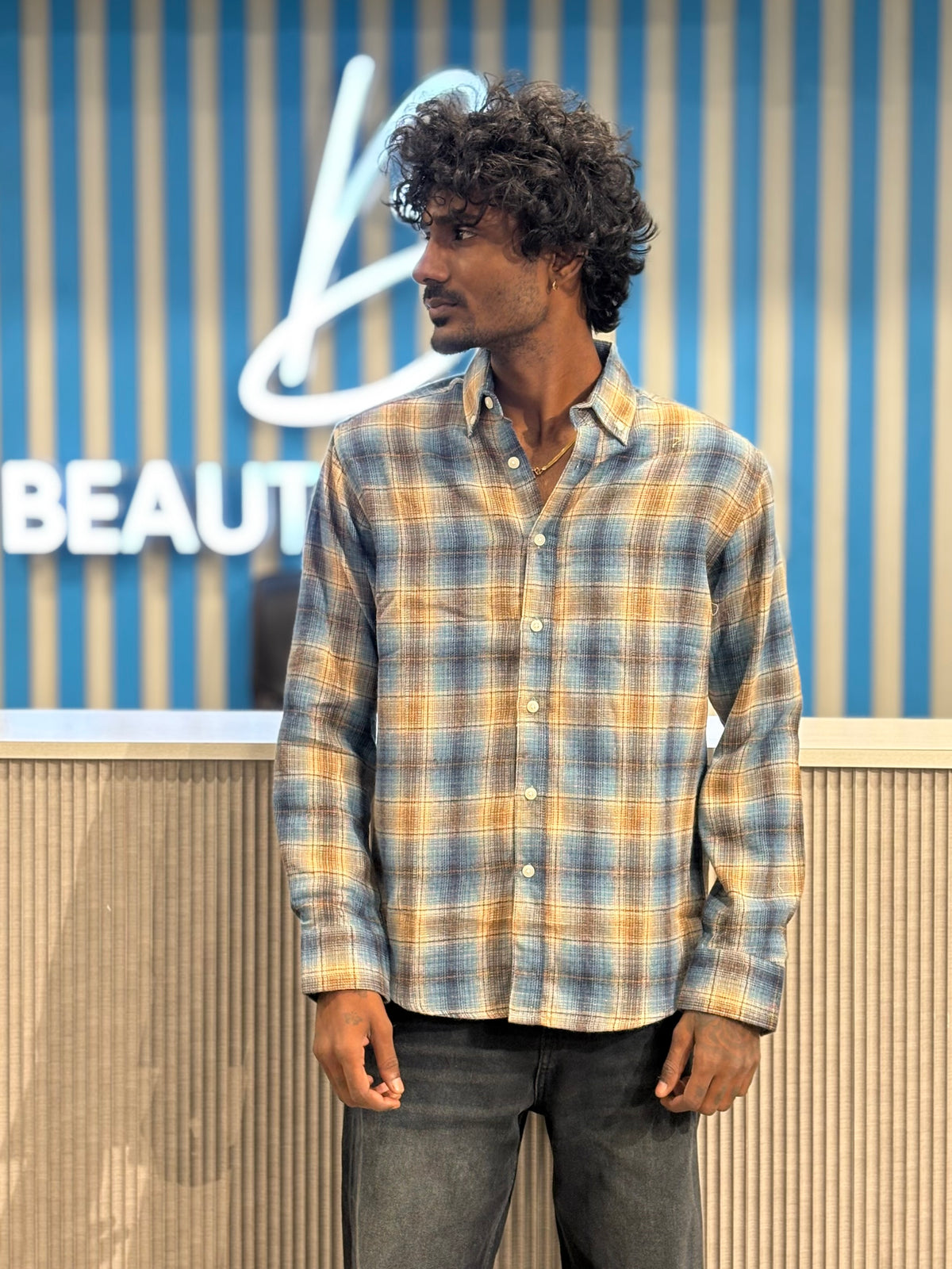 Blue And Yellow Imported Flannel Checked Shirt