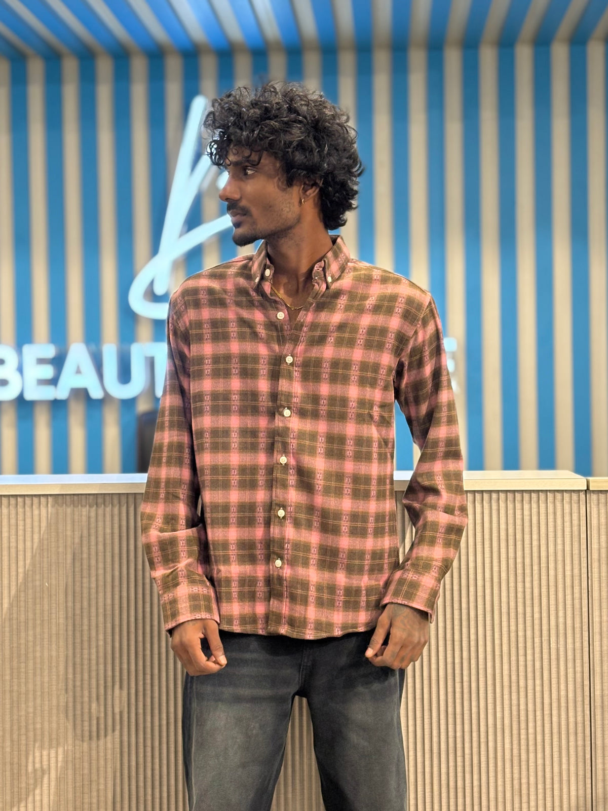 Green And Pink Imported Flannel Checked Shirt
