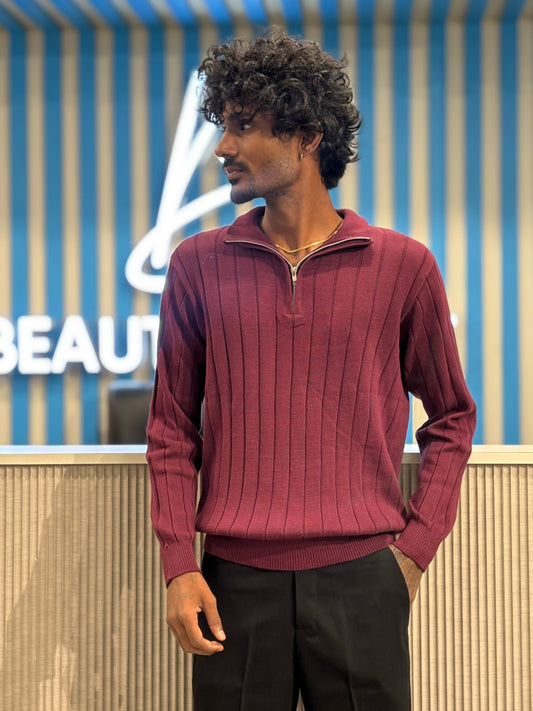 Maroon Zipper Polo Full Sleeve Tshirt