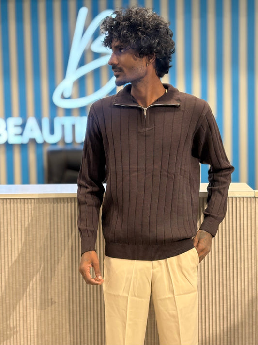 Brown Zipper Polo Full Sleeve Tshirt