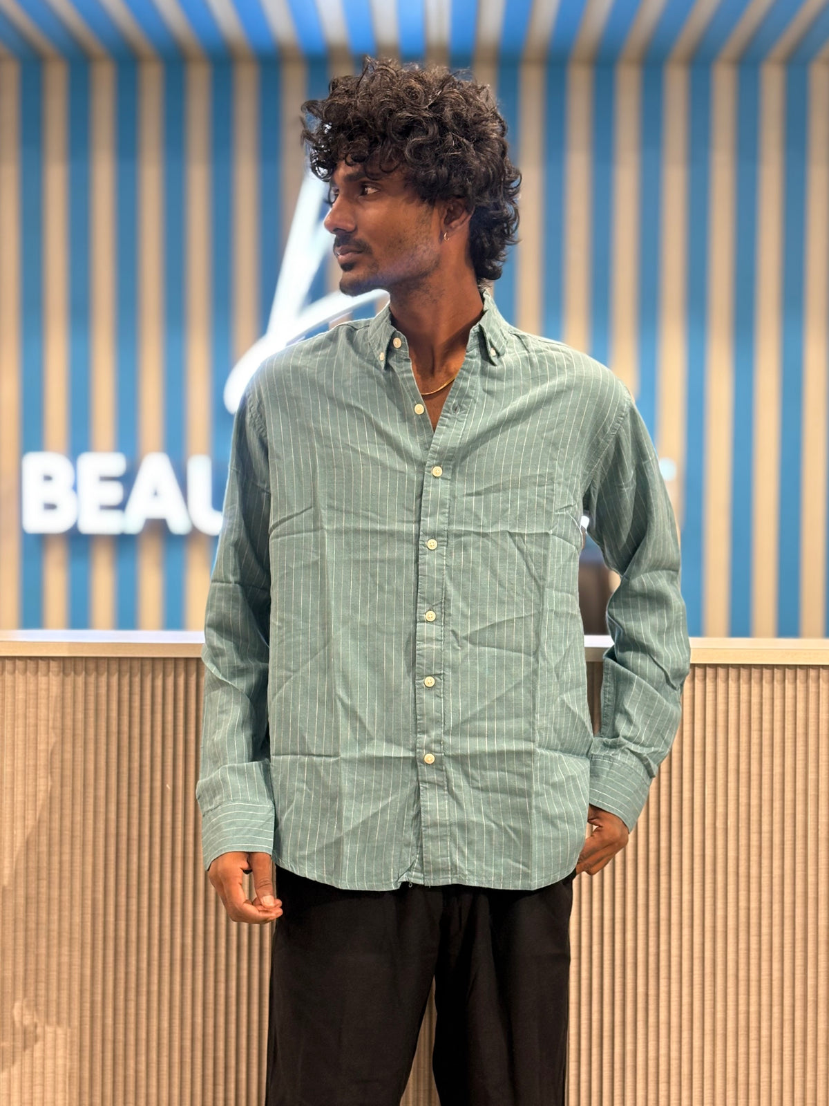 Green Linen Striped Shirt