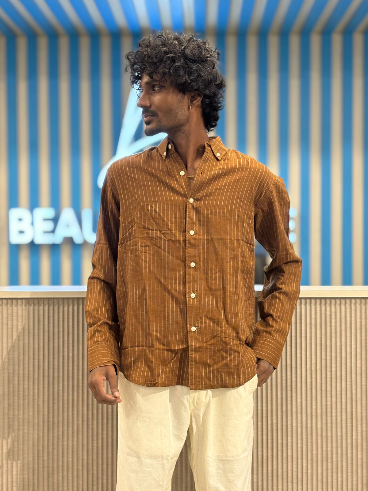 Brown Linen Striped Shirt