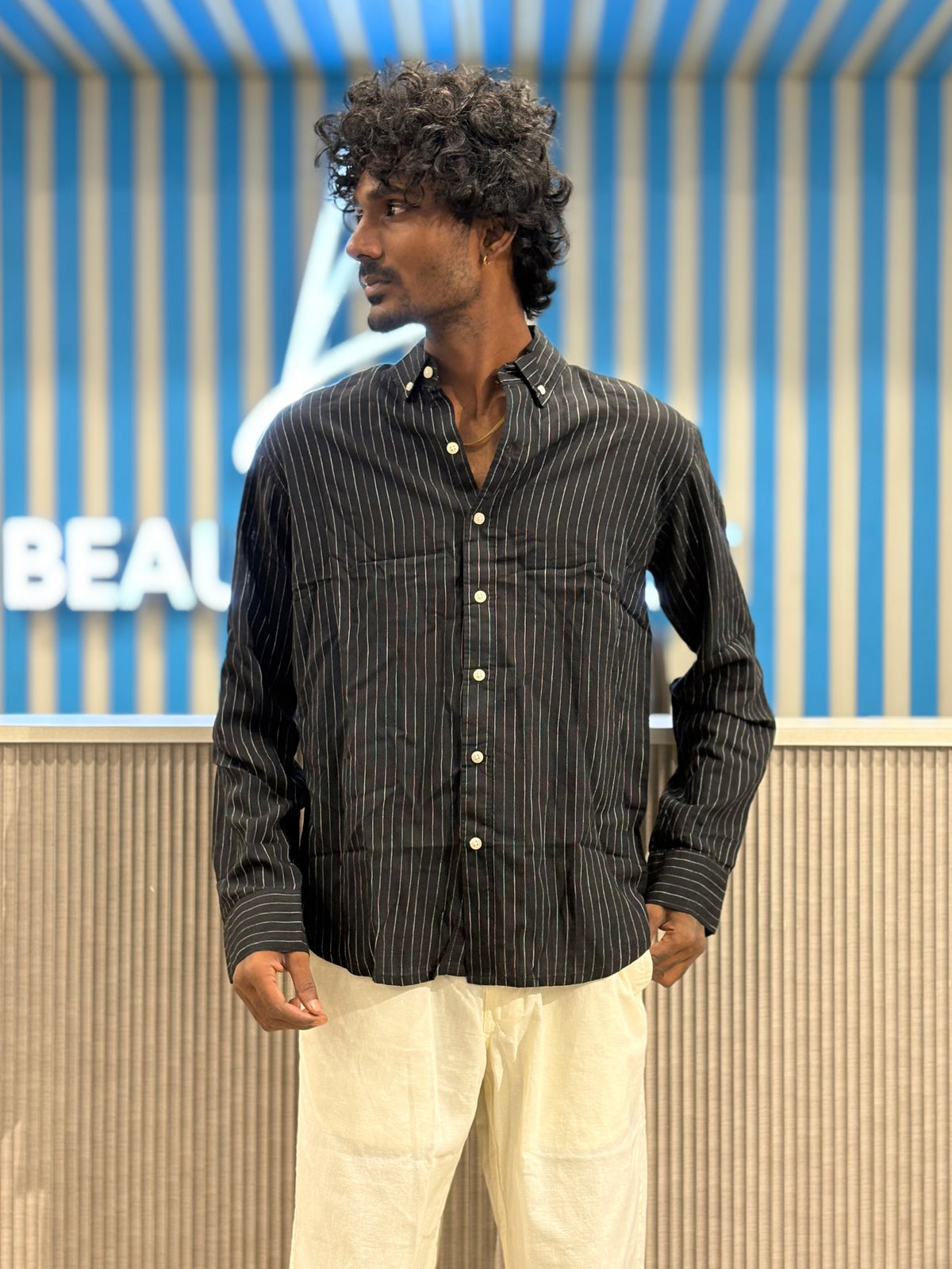 Black Linen Striped Shirt