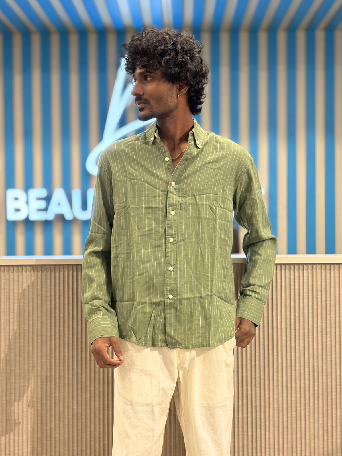 Green Linen Striped Shirt