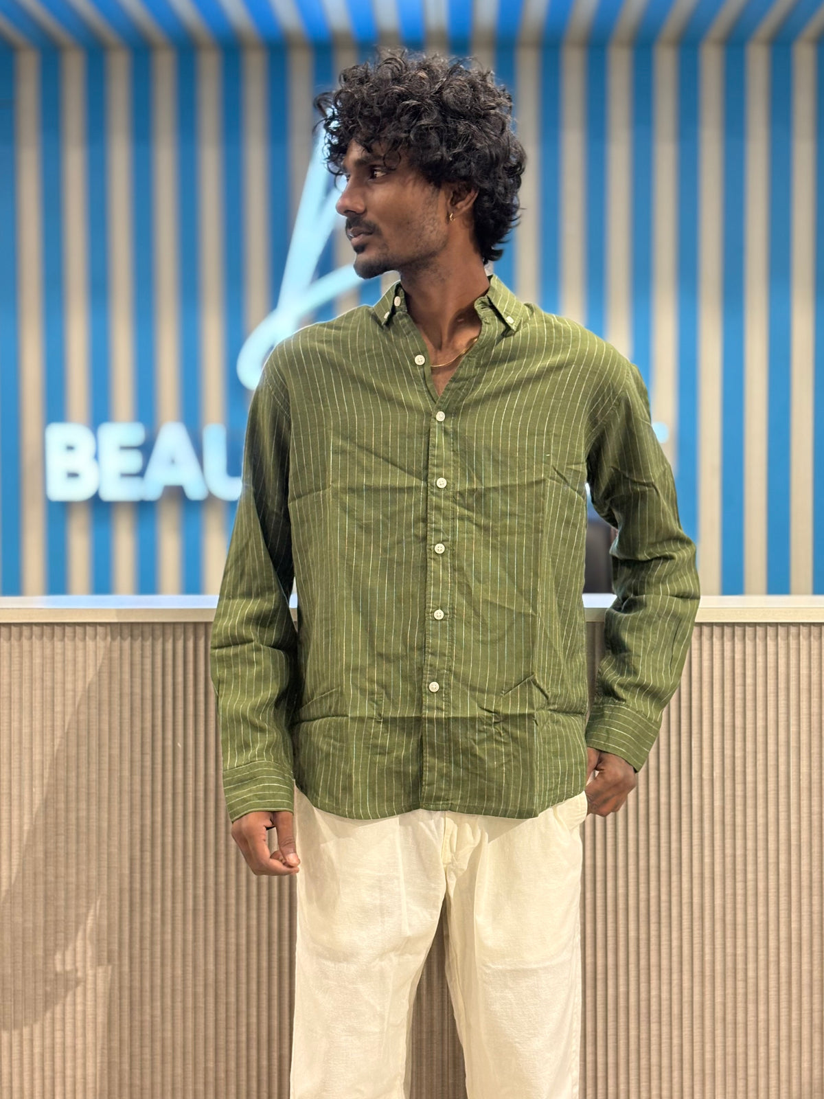 Green Linen Striped Shirt
