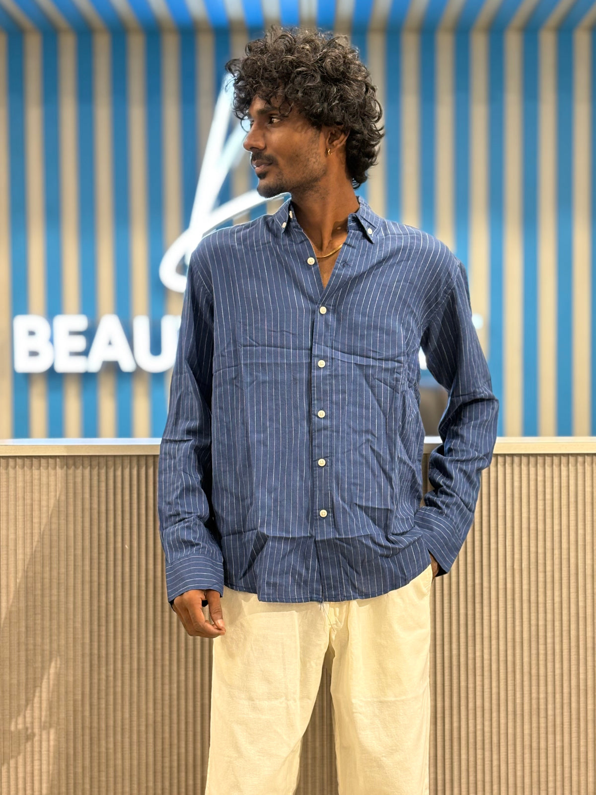 Blue Linen Striped Shirt