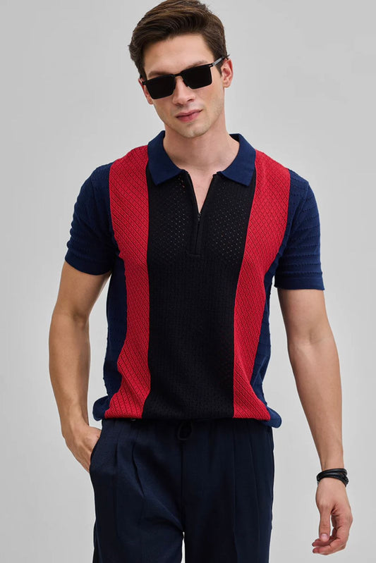 Navy Colorblocked Zipper Polo-Tshirt